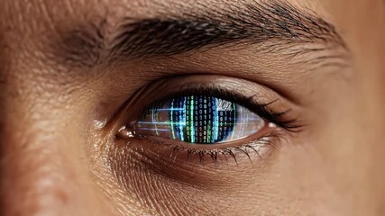 Human eye with digital interface of binary code and data grid, symbolizing AI, future technology, and cyber vision. - Powered by Adobe