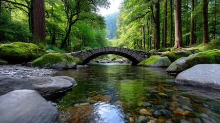 Serene Stone Arch Bridge Over A Clear Forest Stream With Lush Green Trees And Moss Covered Rocks Illuminated By Soft Sunlight