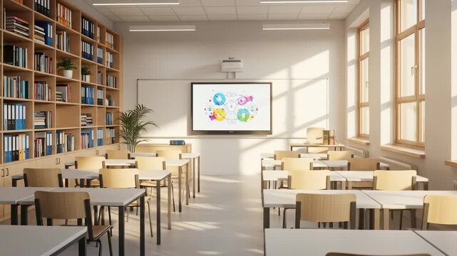 A classroom with desks, chairs, bookshelves, and a whiteboard. Sunlight streams through the windows