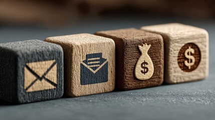 Financial Communication And Marketing Strategy Elements Displayed On Wooden Blocks