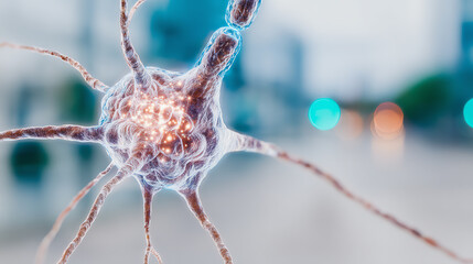 Close-up of a neuron highlighting its structure and connections, representing the complexity of the nervous system.