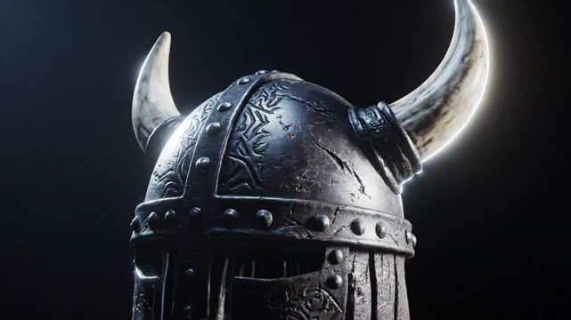 Close up of a detailed viking helmet with horns and intricate metalwork