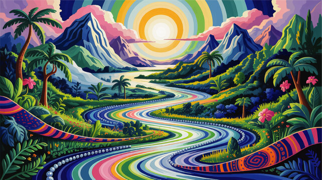 Vibrant Tropical Landscape Illustration with Rainbow Road, Lush Palm Trees, Colorful Mountains, and Radiant Sunrise