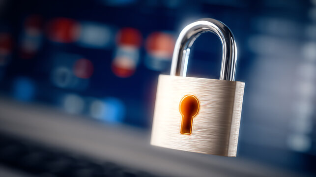 Close-up of a metallic padlock symbolizing security and protection in the digital age against cyber threats and data breaches.
