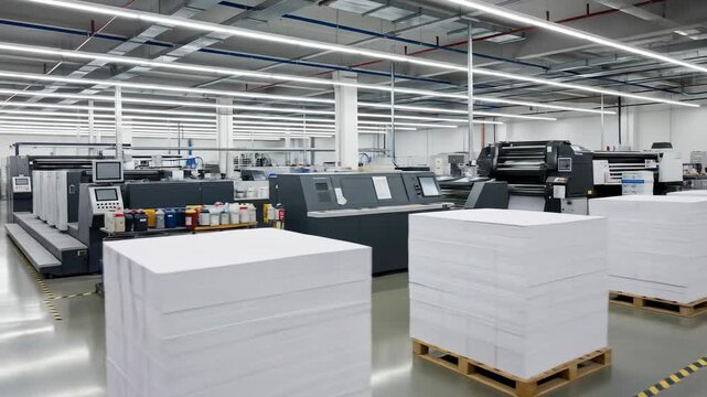 A large, brightly lit industrial printing press with stacks of paper, machinery, and equipment