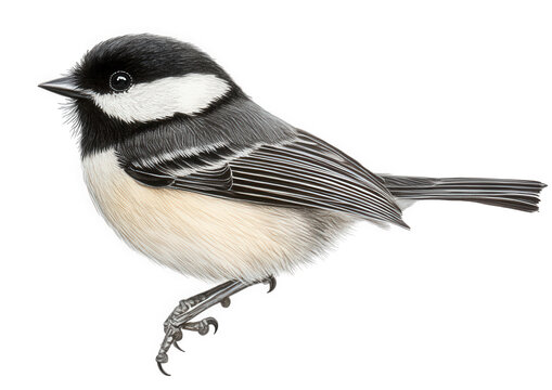 A charming blackcapped chickadee perched gracefully, isolated on transparent background, showcasing its distinctive black cap and bib, with white cheeks and soft gray plumage