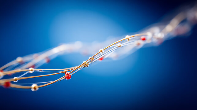 Close-up of colorful wires with beads, highlighting intricate details and textures against a soft blue background.