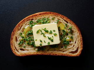 Slice of crusty bread topped with creamy butter and chopped herbs on parchment, overhead natural light, food styling ideal for recipe or menu use.