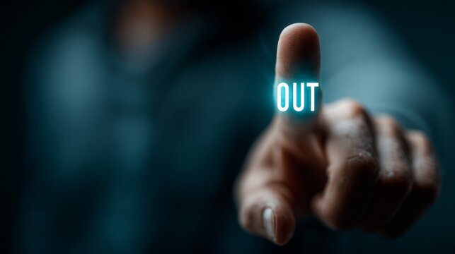 Finger pressing the OUT button with glowing neon light effects