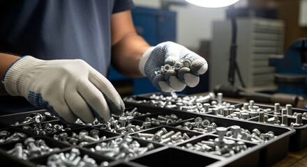 Worker sorting metal bolts and screws in workshop with tools  