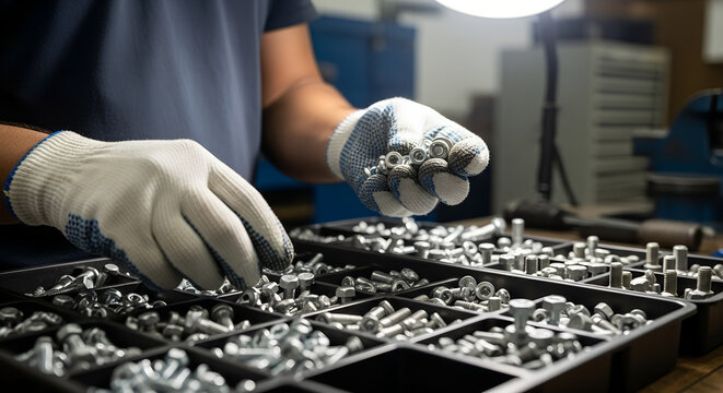 Worker sorting metal bolts and screws in workshop with tools  