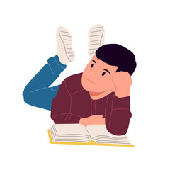 Cute boy lying on the floor and reading a book, relaxing and learning with curiosity, flat cartoon illustration of child education and imagination concept.