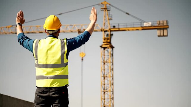 Construction Worker Signaling Crane with Hand Signals on Building Site