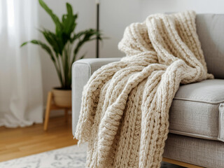 Chunky knit blanket draped over light sofa in modern living room, warm natural window light, cozy lifestyle scene for home decor marketing visuals.
