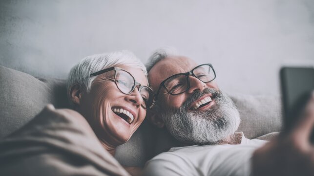 Joyful seniors sharing laughter at home intimate moment lifestyle cozy environment warm viewpoint