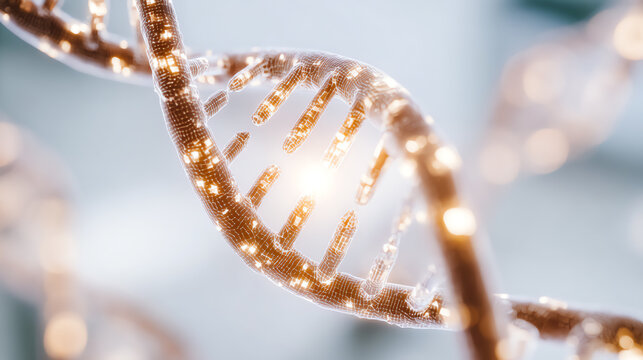 Close-up view of a glowing DNA double helix showcasing bioluminescence and intricate details of genetic structure.