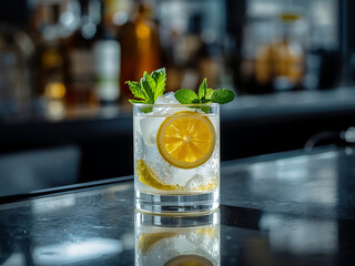 Refreshing cocktail with lemon slices, mint and ice in a glass on marble bar counter, bar light, close shot with copy space for menus and ads.