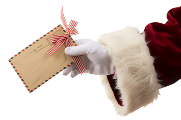 Santa's gloved hand delivering a letter tied with a festive red and white striped ribbon, Christmas wishes and holiday cheer
