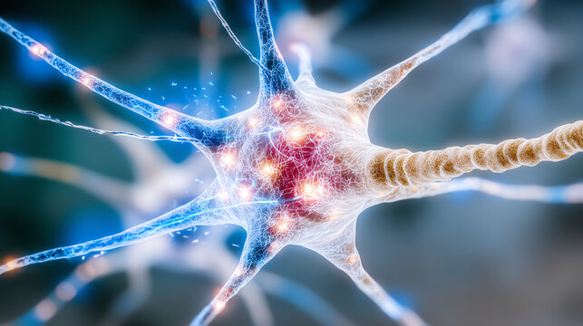 Close-up view of a neuron showcasing intricate details and vibrant colors, highlighting the complexity of the nervous system.