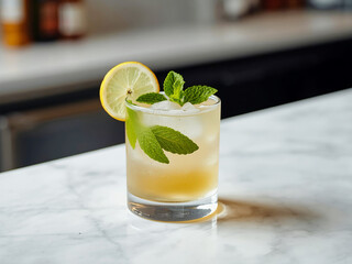 Refreshing cocktail with lemon slices, mint and ice in a glass on marble bar counter, bar light, close shot with copy space for menus and ads.