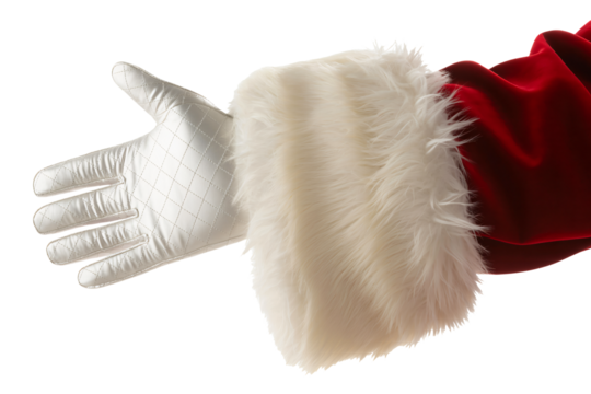 Santa Claus hand reaching out in a gesture of holiday joy and festive greetings, perfect for Christmas campaigns and seasonal promotions