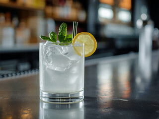 Refreshing cocktail with lemon slices, mint and ice in a glass on marble bar counter, bar light, close shot with copy space for menus and ads.