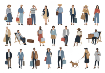 Diverse group of stylized people with luggage, shopping bags, and pets in various outfits and poses isolated on transparent background