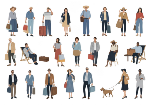 Diverse group of stylized people with luggage, shopping bags, and pets in various outfits and poses isolated on transparent background