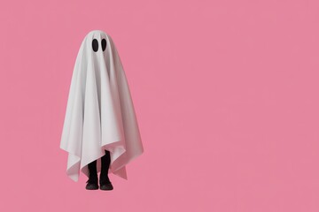 A cute ghost in a white sheet costume standing against a pink background