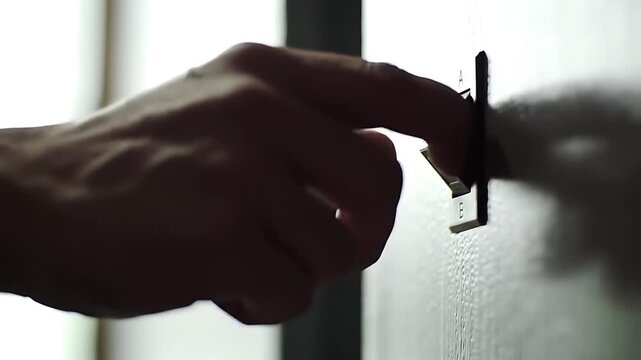 Silhouette of a human hand flipping a toggle light switch on a white wall