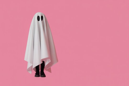 A cute ghost in a white sheet costume standing against a pink background