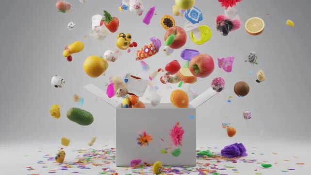 A joyful explosion of diverse, colorful objects bursting dynamically from an open white gift box, symbolizing exciting surprises, abundant creativity, and the delightful unboxing experience