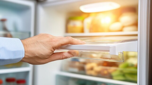 Opening refrigerator door to refreshing food options kitchen lifestyle image bright environment close-up view healthy eating concept