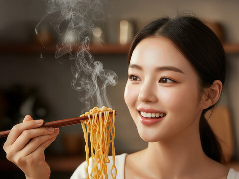 The Joy of Ramen: A Happy Korean Woman Enjoying a Warm Bowl of Instant Noodles at Home