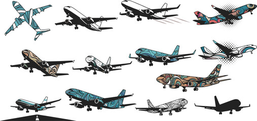 Airplane illustration set, artistic aircraft vector, colorful flight icons, abstract aviation graphics, patterned plane designs, creative transport pack, runway scene