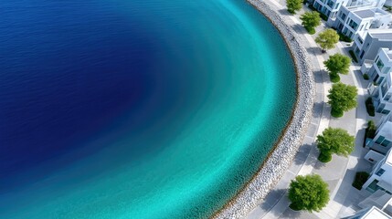 Vibrant Aerial View Of Luxury Overwater Bungalows And A Turquoise Ocean Cove With White Buildings And Lush Green Trees Lining The Shoreline Under Bright Sunlight