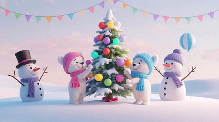 Happy snowman with gifts and a Christmas tree decoration on a winter holiday card. Showman party.