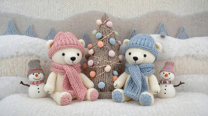 Two charming hand-knitted polar bear plushies, dressed in pink and blue knit hats and scarves, are adorably decorating a chunky knit Christmas tree adorned with colorful, round knitted 'ornaments'