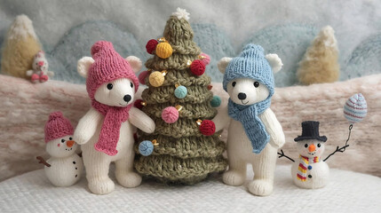 Two charming hand-knitted polar bear plushies, dressed in pink and blue knit hats and scarves, are adorably decorating a chunky knit Christmas tree adorned with colorful, round knitted 'ornaments'