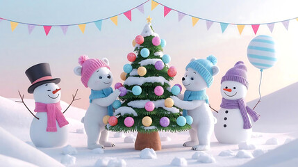 Happy cartoon snowman with gifts and a winter tree decoration vector for a Christmas holiday greeting card. Showman party.