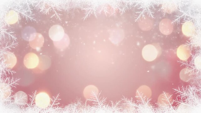 A soft pink and red background with blurred bokeh lights and a white frosty snowflake border, creating a festive winter holiday atmosphere.