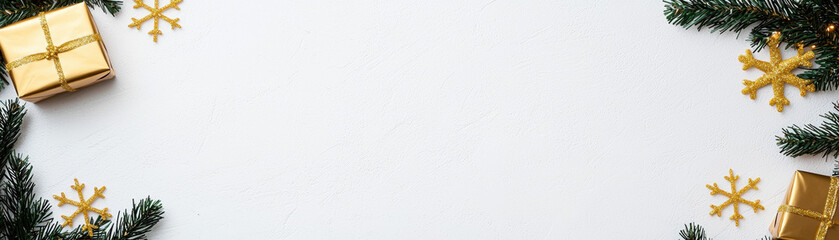 Christmas gift box gold snowflake fir branch white background festive decoration holiday celebration winter season