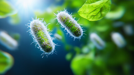 Obraz premium Microorganisms thriving among green leaves, illustrating the beauty of nature's microscopic life.