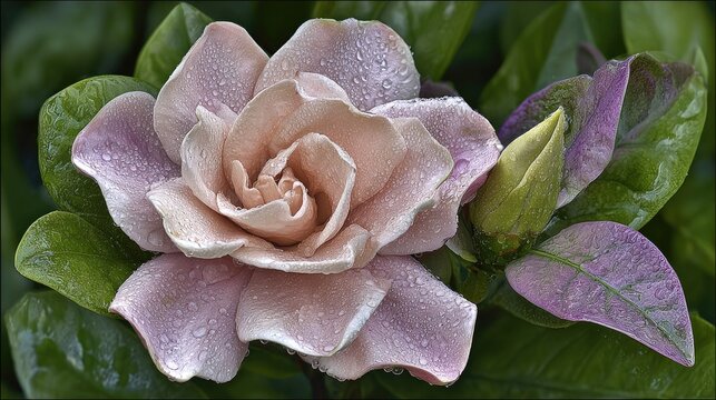 Delicate pale bloom displays numerous glistening droplets after a refreshing rain shower