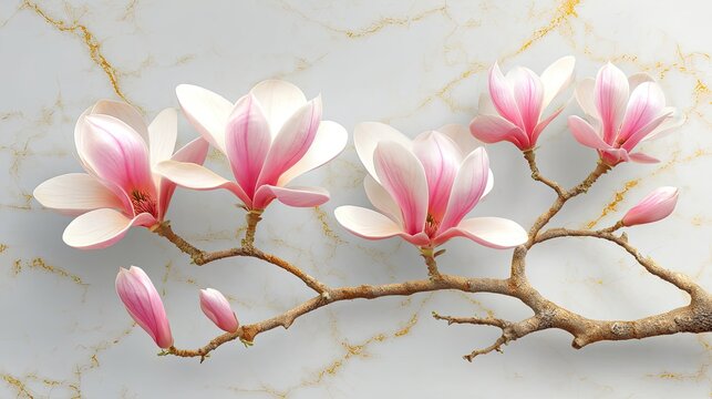 Pink and white blossoming flowers extend across a textured background featuring subtle gold veining