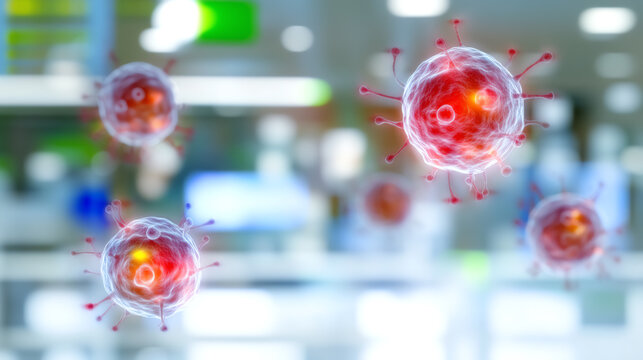 Illustration of virus cells in a modern laboratory setting, showcasing the critical study of microorganisms and their impact on health. - Powered by Adobe