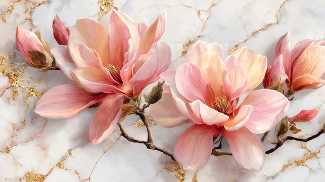 Delicate pink blossoms emerge dramatically against a luxurious white and gold veined surface