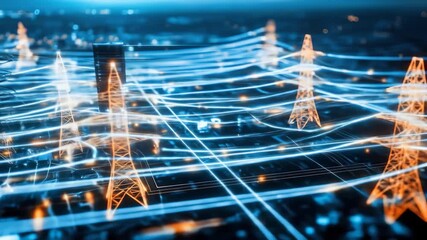 Futuristic digital cityscape featuring illuminated power lines and transmission towers night, showcasing advanced technology, interconnected network, and modern energy infrastructure vibrant urban - Powered by Adobe