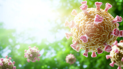 Microscopic view of virus particles surrounded by light, depicting a fusion of nature and science in health research.