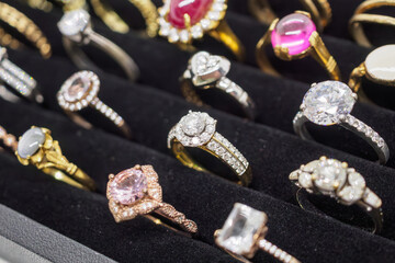 jewelry diamond rings show in luxury retail store window display showcase
